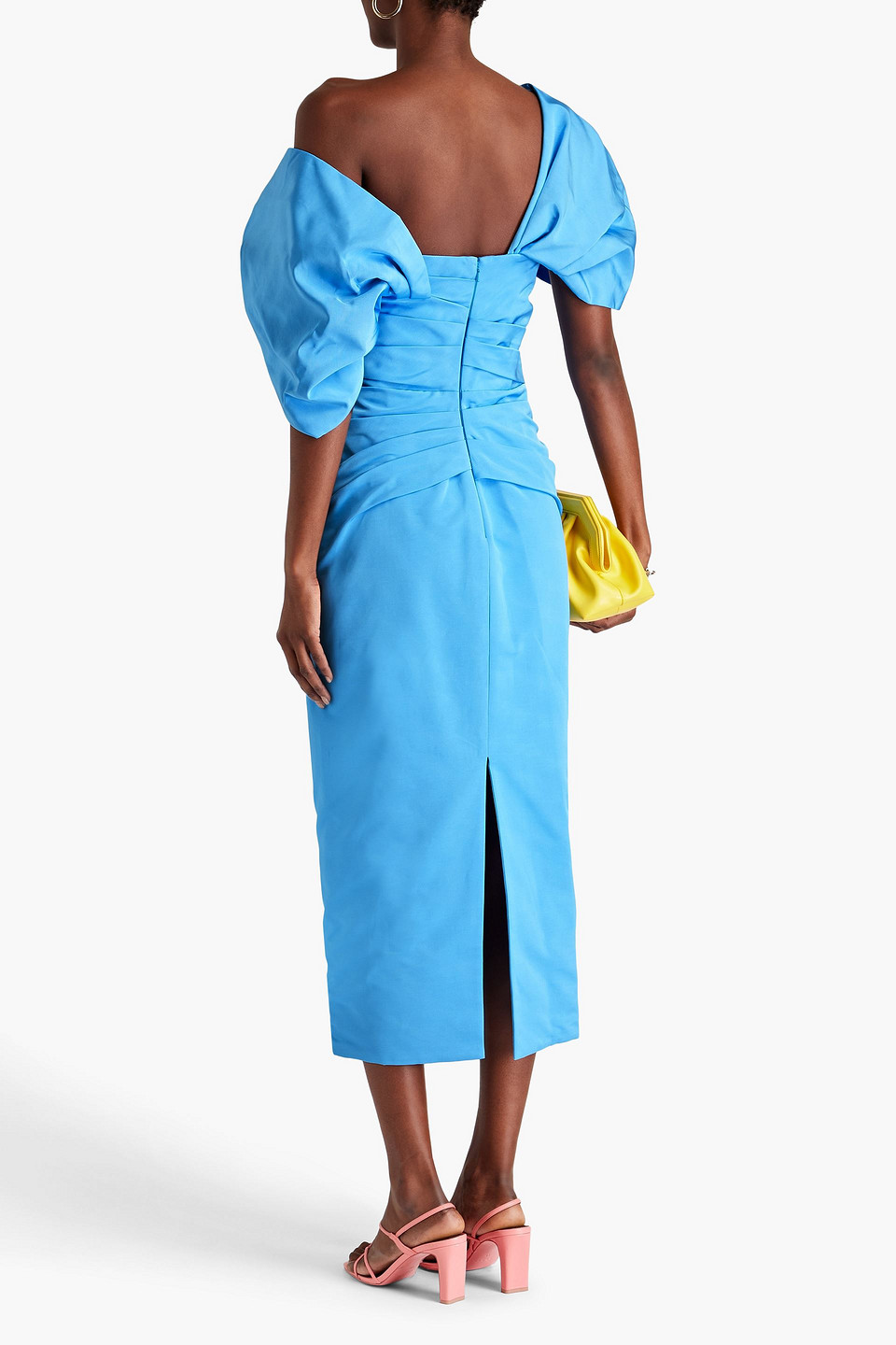 Shop Oscar De La Renta Pleated Cotton-blend Taffeta Midi Dress In Azure