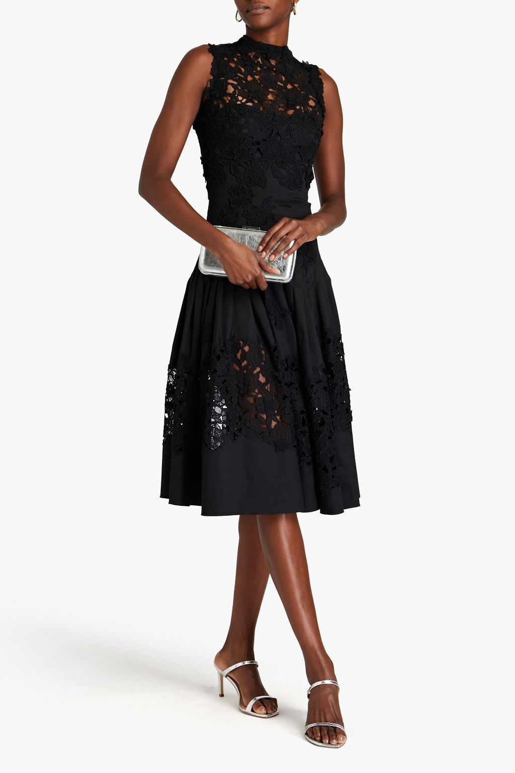 OSCAR DE LA RENTA 기퓌르 레이스 패널 코튼 혼방 포플린 미디 드레스