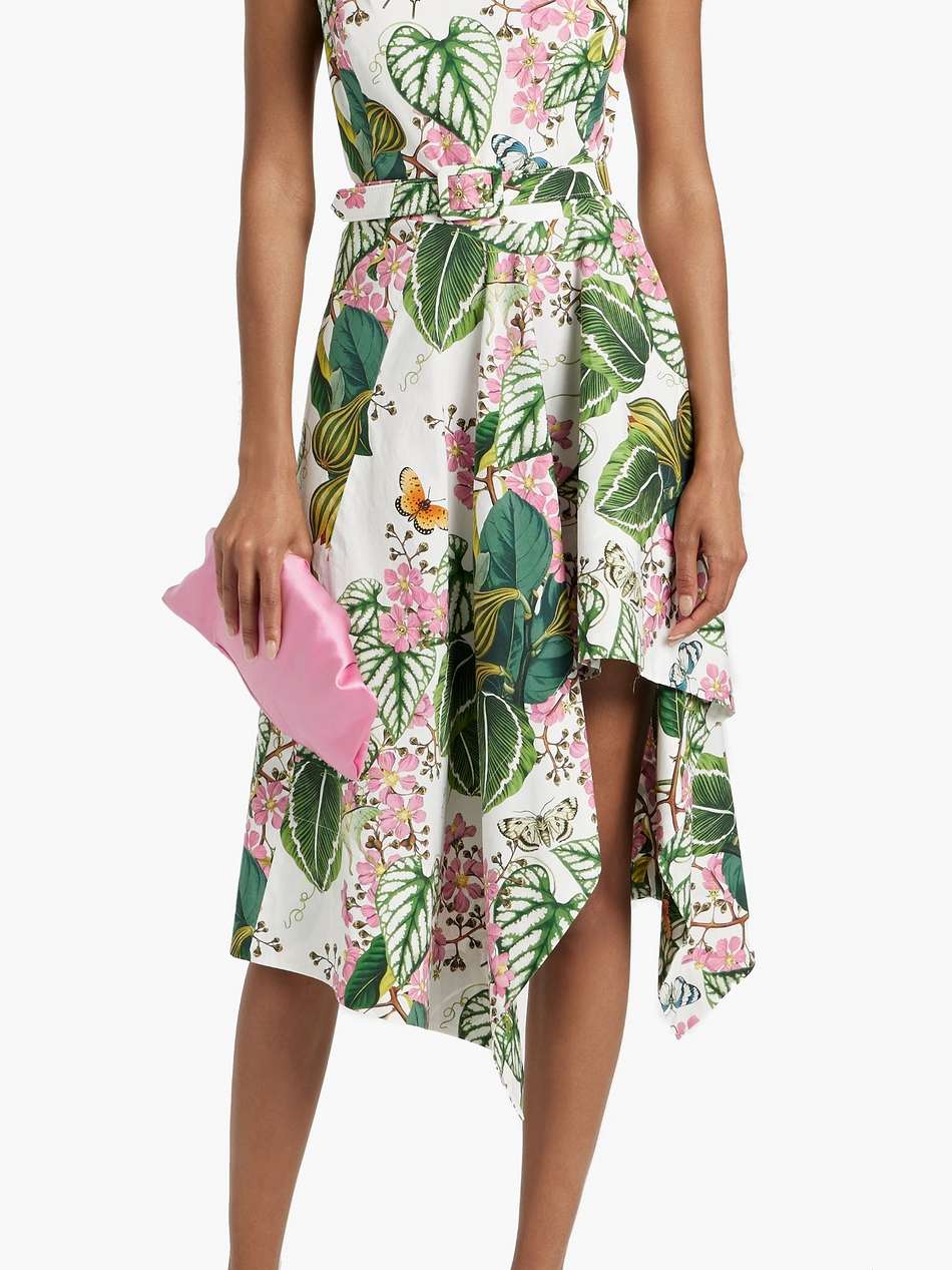 belted printed cotton-blend poplin dress