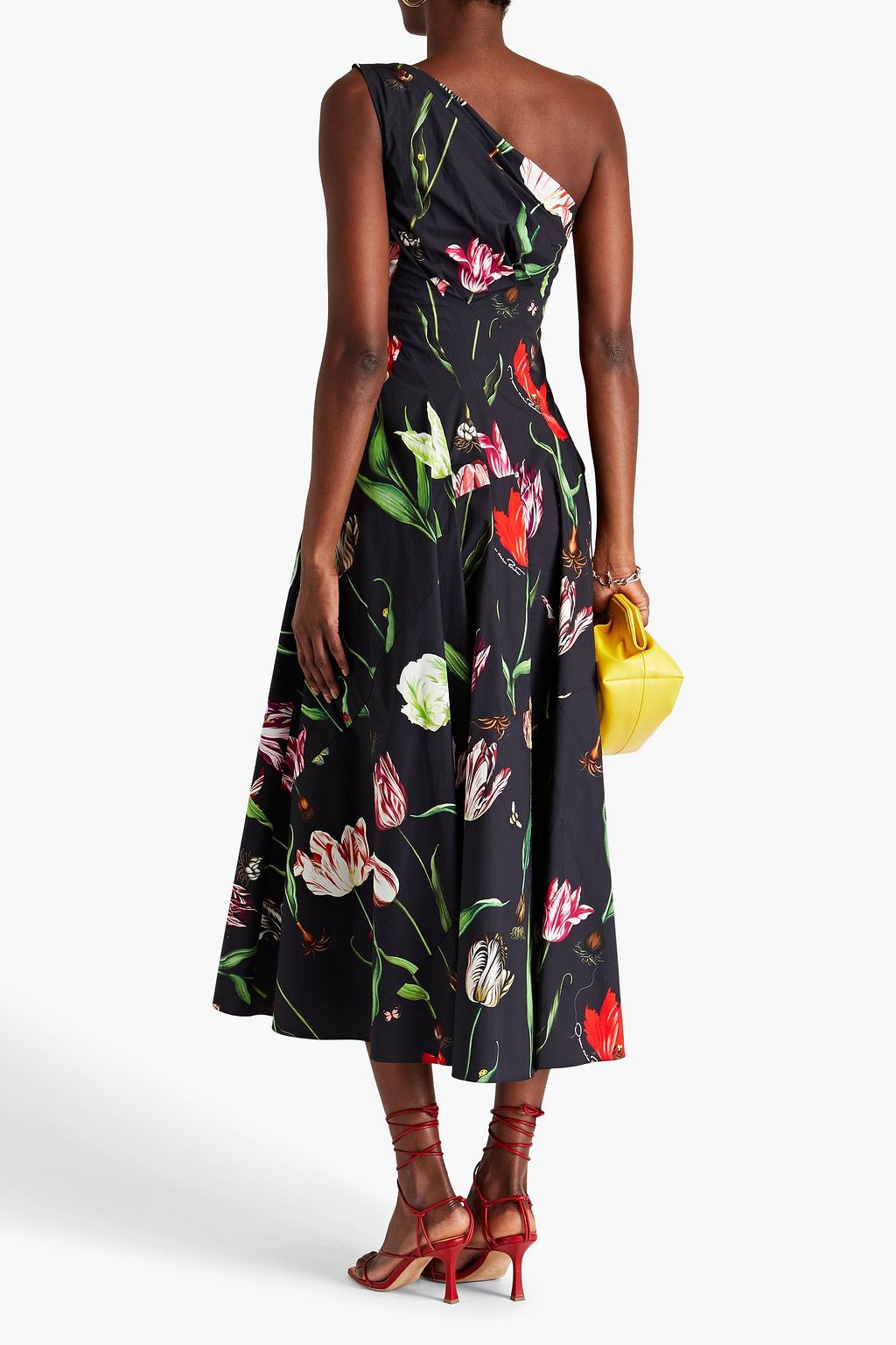 OSCAR DE LA RENTA One-shoulder floral-print cotton-poplin midi dress