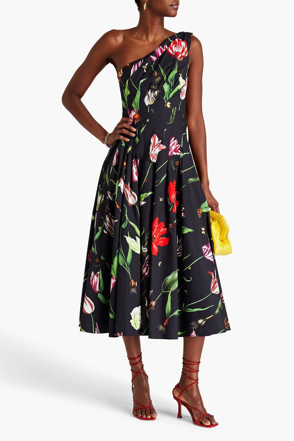 OSCAR DE LA RENTA One-shoulder floral-print cotton-poplin midi dress