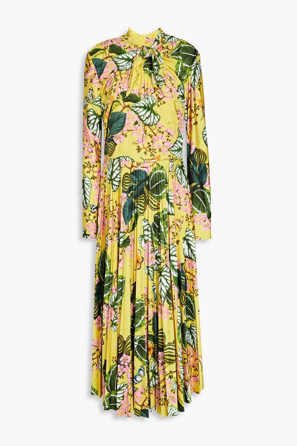 Oscar De La Renta Printed Plissé-jersey Midi Dress In Yellow