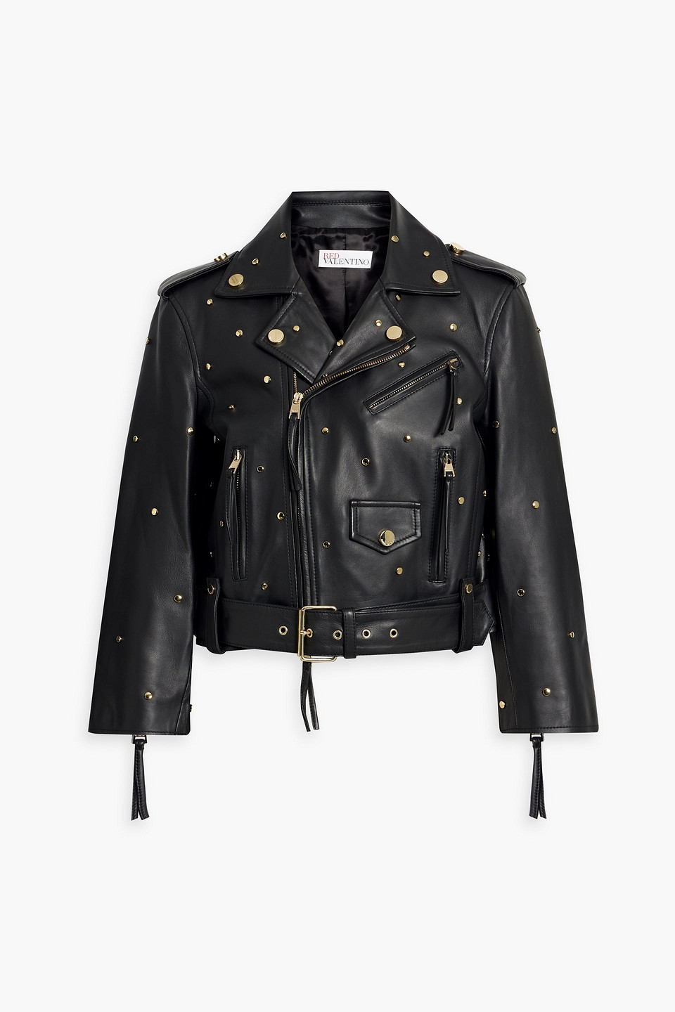 Red Valentino Cropped Studded Leather Biker Jacket In Black