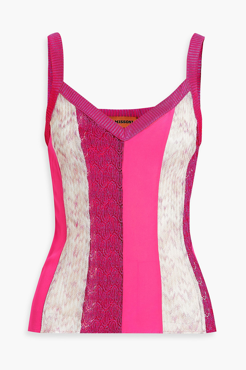 Metallic crochet-knit and crepe de chine camisole
