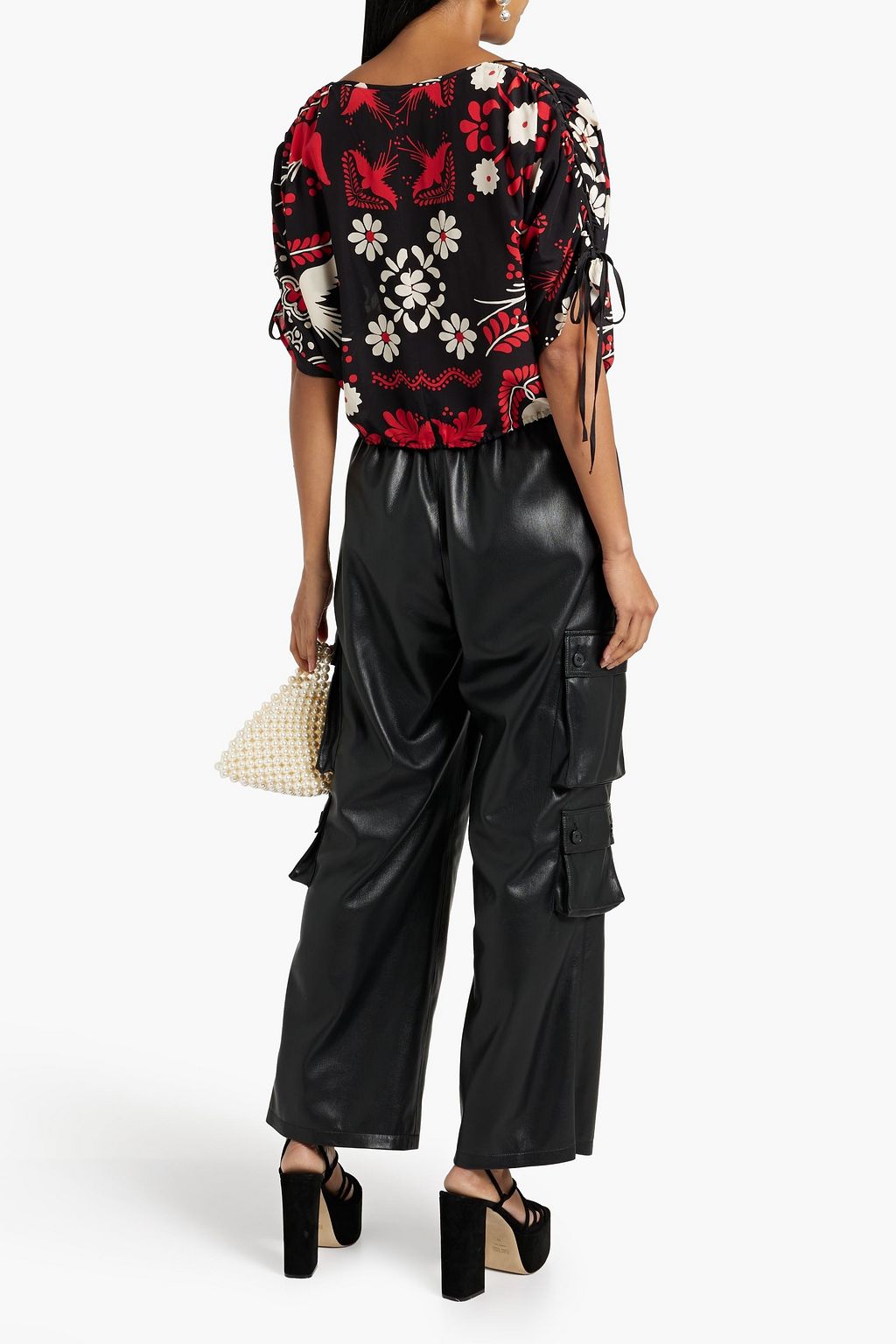 REDVALENTINO Cropped lace-up floral-print silk crepe de chine top