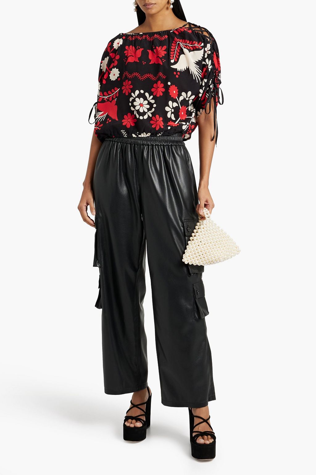 REDVALENTINO Cropped lace-up floral-print silk crepe de chine top