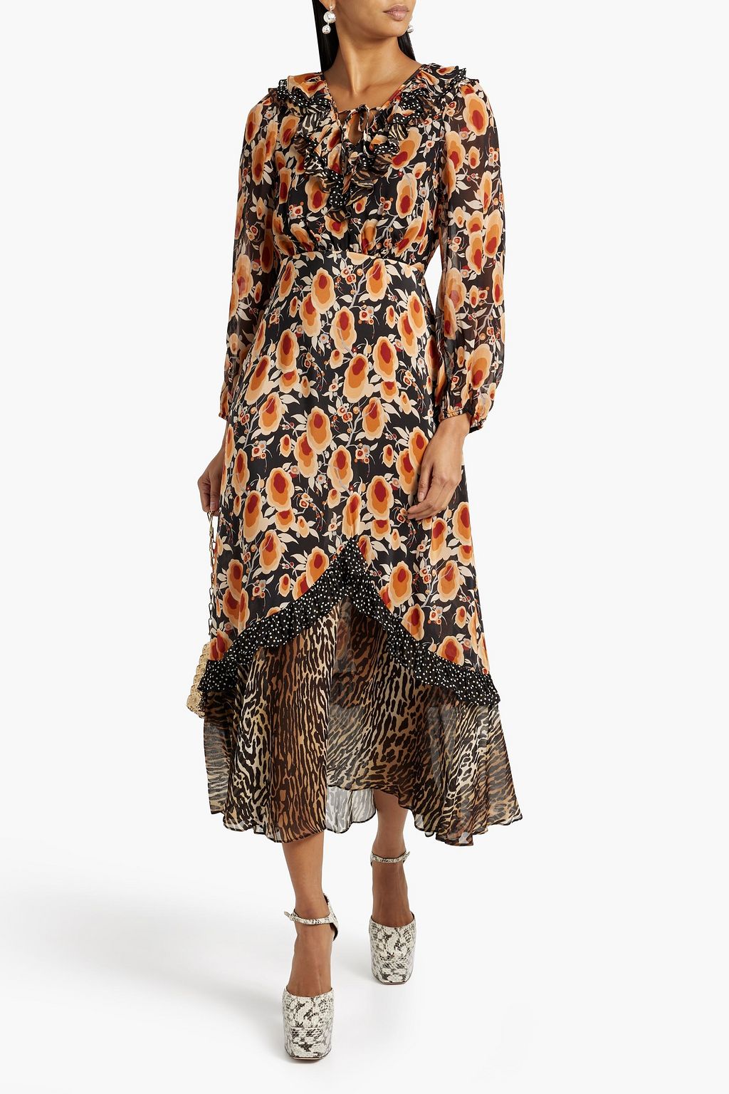 RIXO Jaida ruffled printed silk-chiffon midi dress