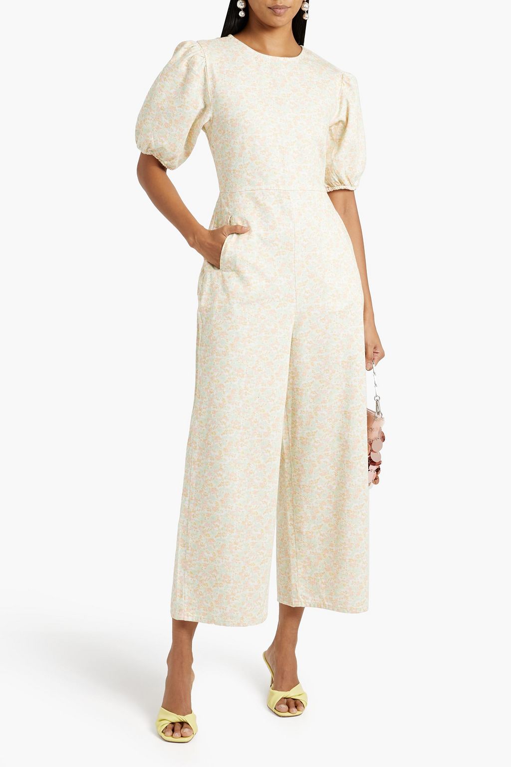 RIXO Ainsley cropped floral-print denim jumpsuit