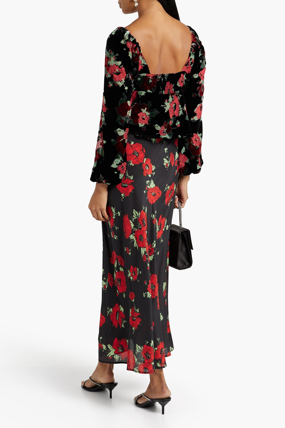 Shop Rixo London Bridgette Ruched Floral-print Silk-blend Devoré-velvet Top In Black