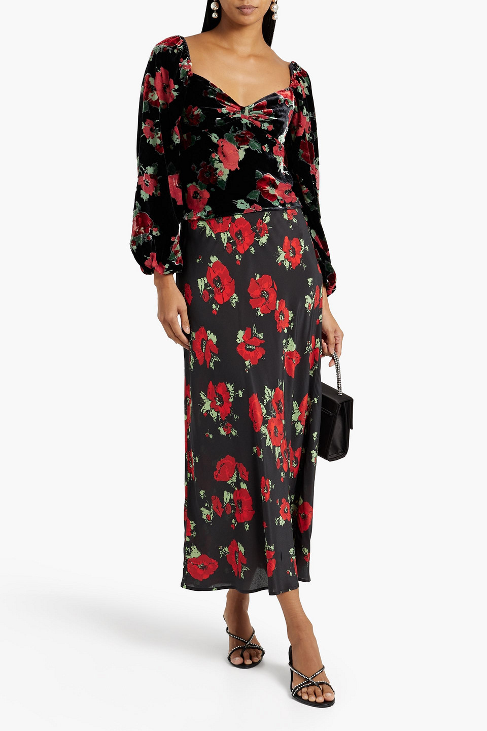 Shop Rixo London Bridgette Ruched Floral-print Silk-blend Devoré-velvet Top In Black