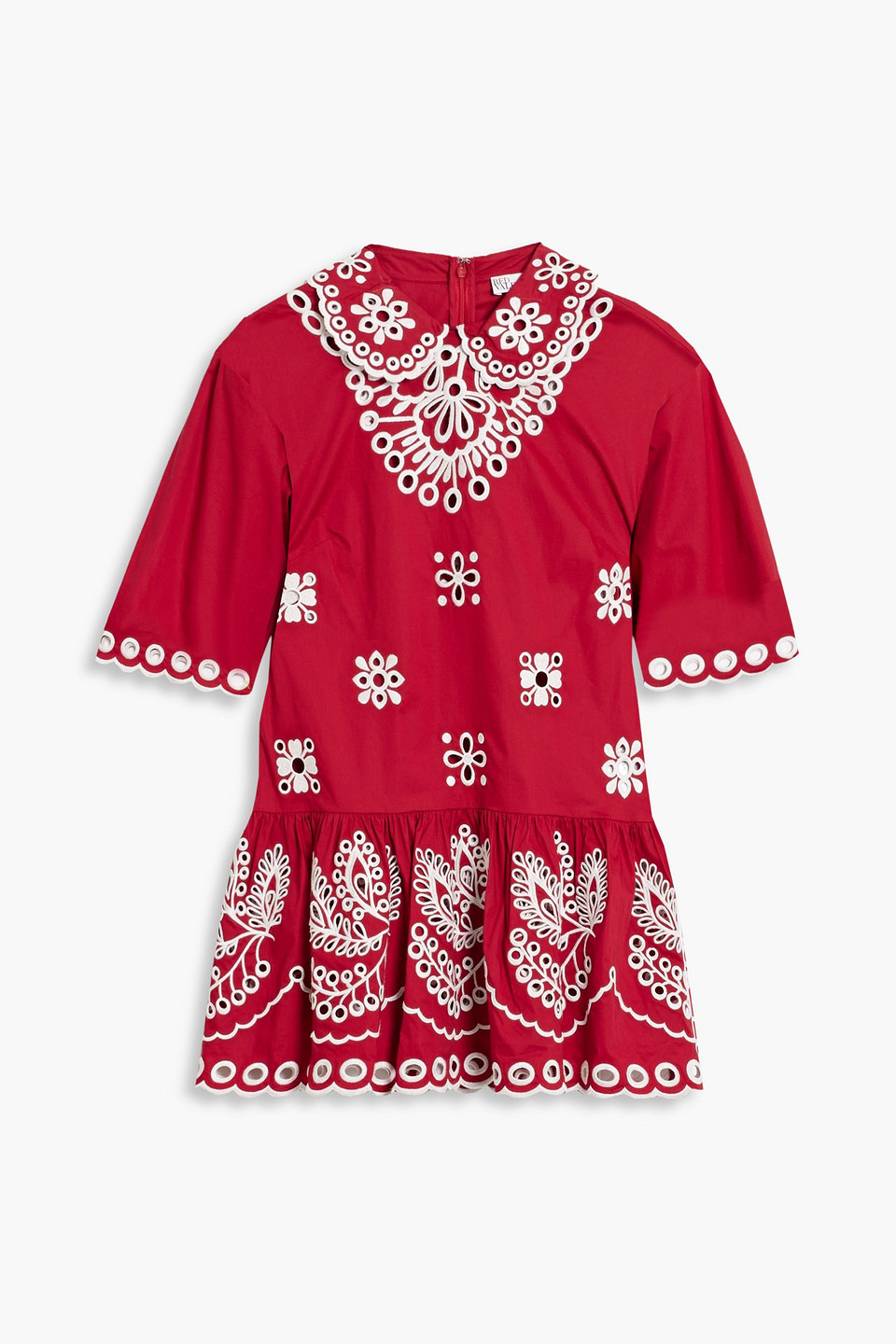 Shop Red Valentino Scalloped Broderie Anglaise Cotton-blend Top In Crimson