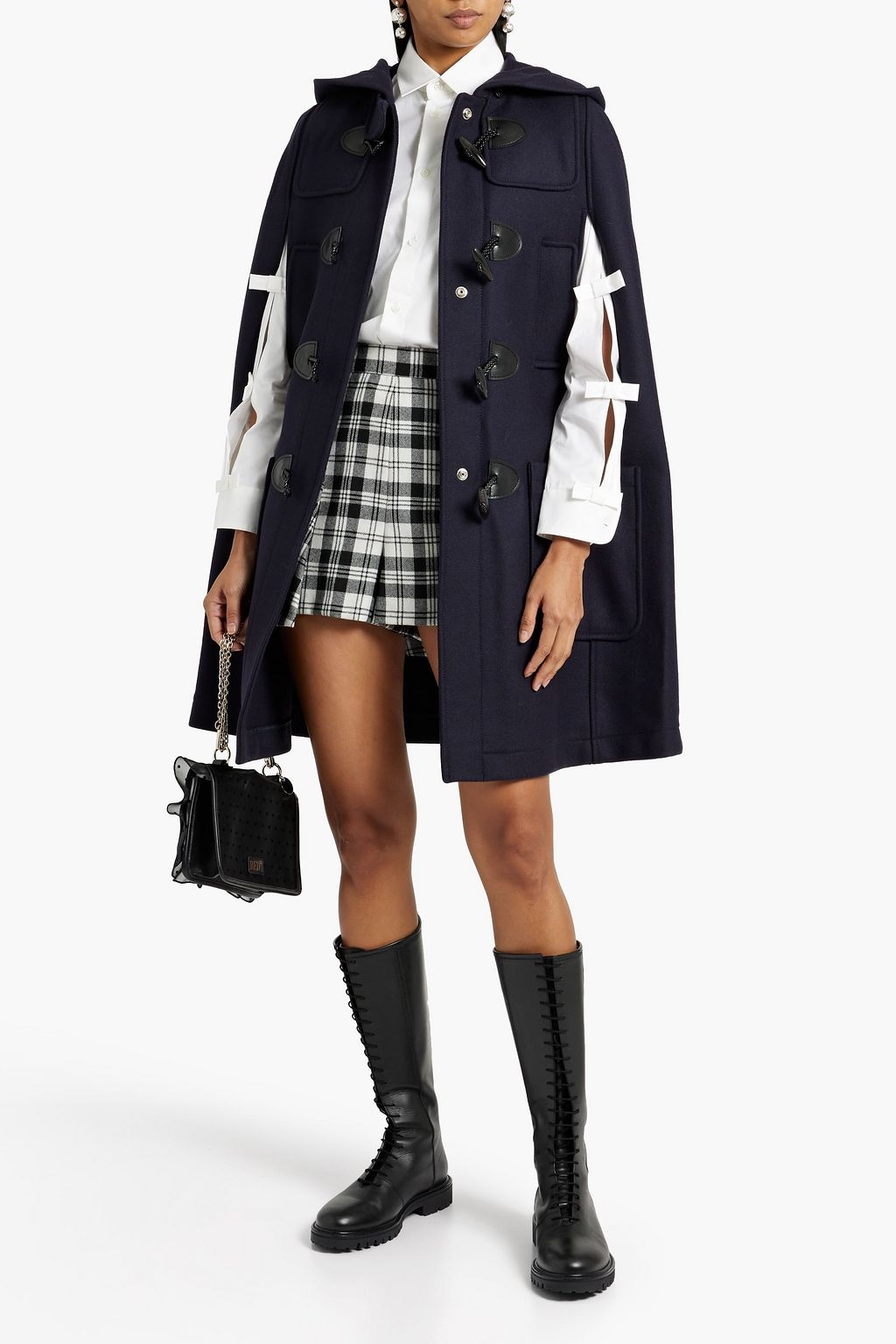 REDVALENTINO Leather-trimmed wool-blend felt hooded cape