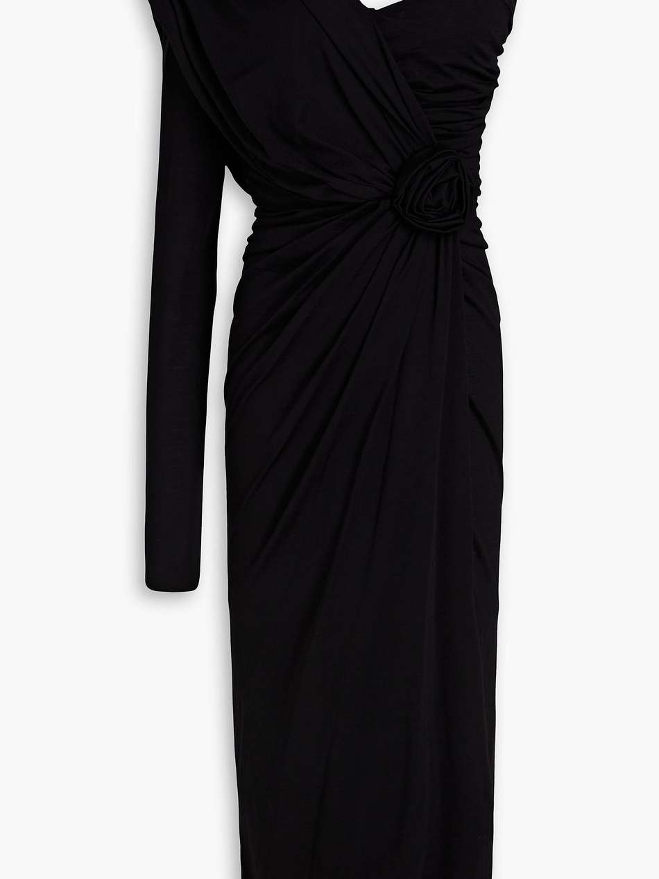 one-sleeve ruched wool-jersey midi dress