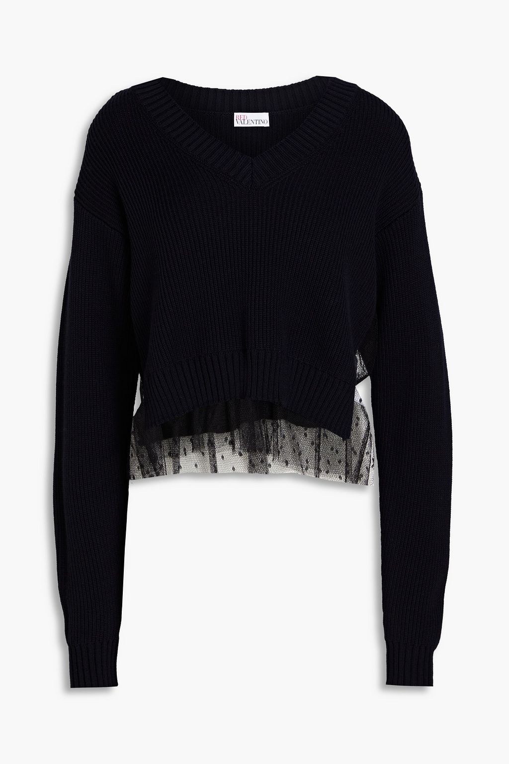 Point d esprit paneled ribbed wool sweater midnight blue XS