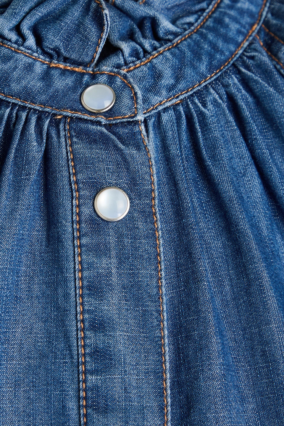 Veronica Beard Calisto Ruffled Cotton And Lyocell-blend Chambray Shirt In Mittelblauer Denim