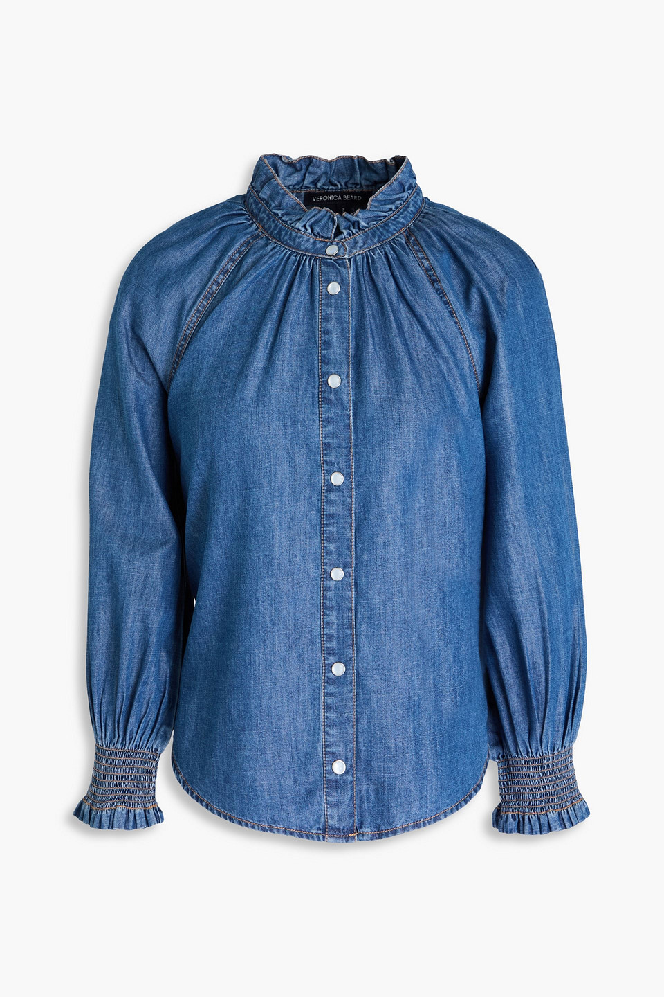 Veronica Beard Calisto Ruffled Cotton And Lyocell-blend Chambray Shirt In Mittelblauer Denim