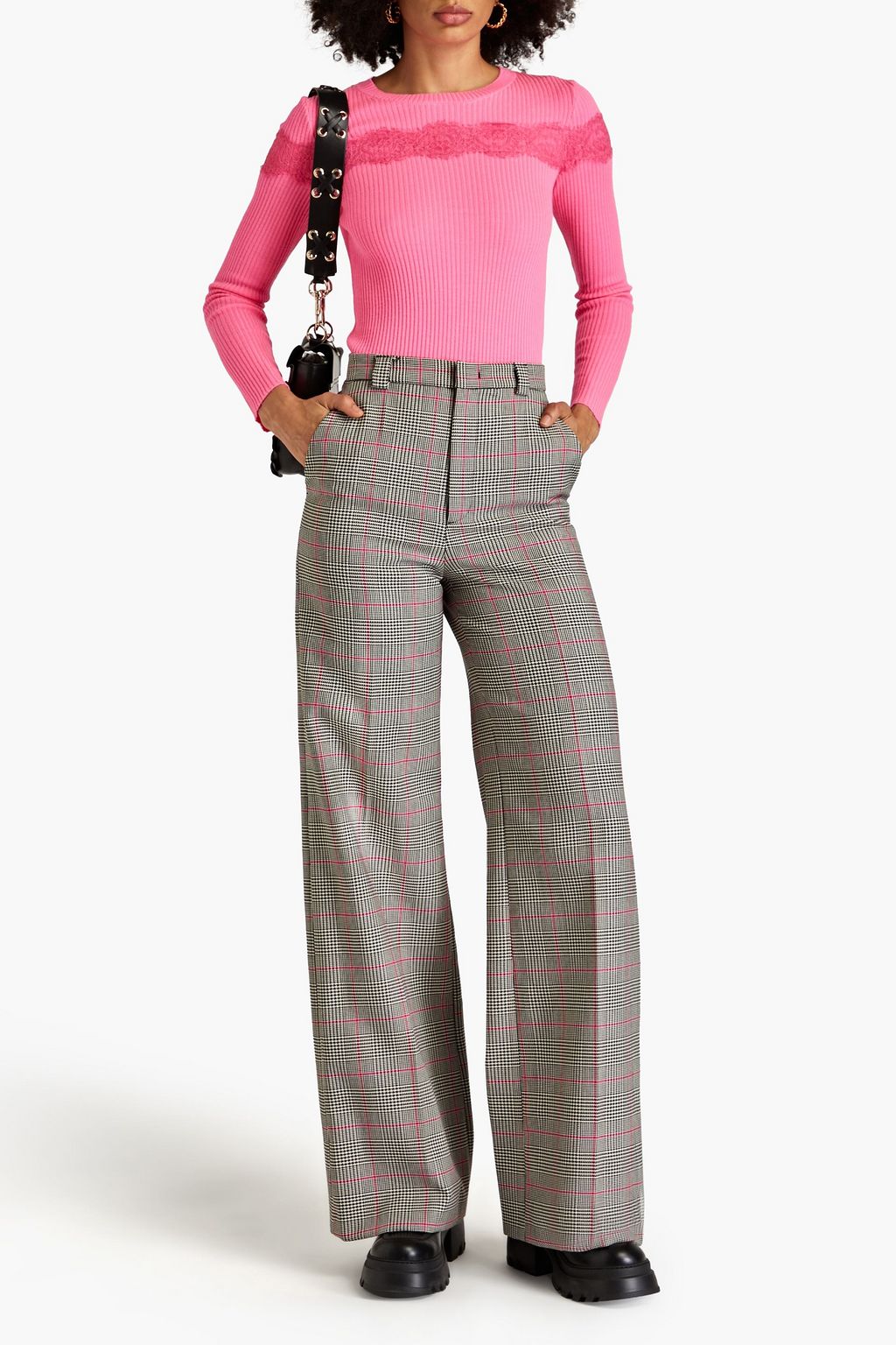 REDVALENTINO Lace-trimmed ribbed wool sweater