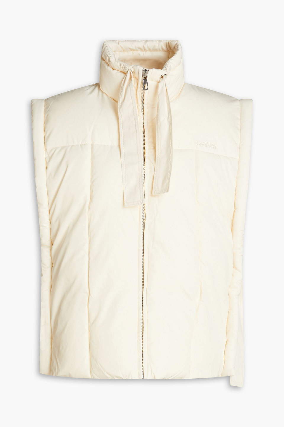 Ganni Tie Appliqued High Neck Oversized Puffer Vest In Beige