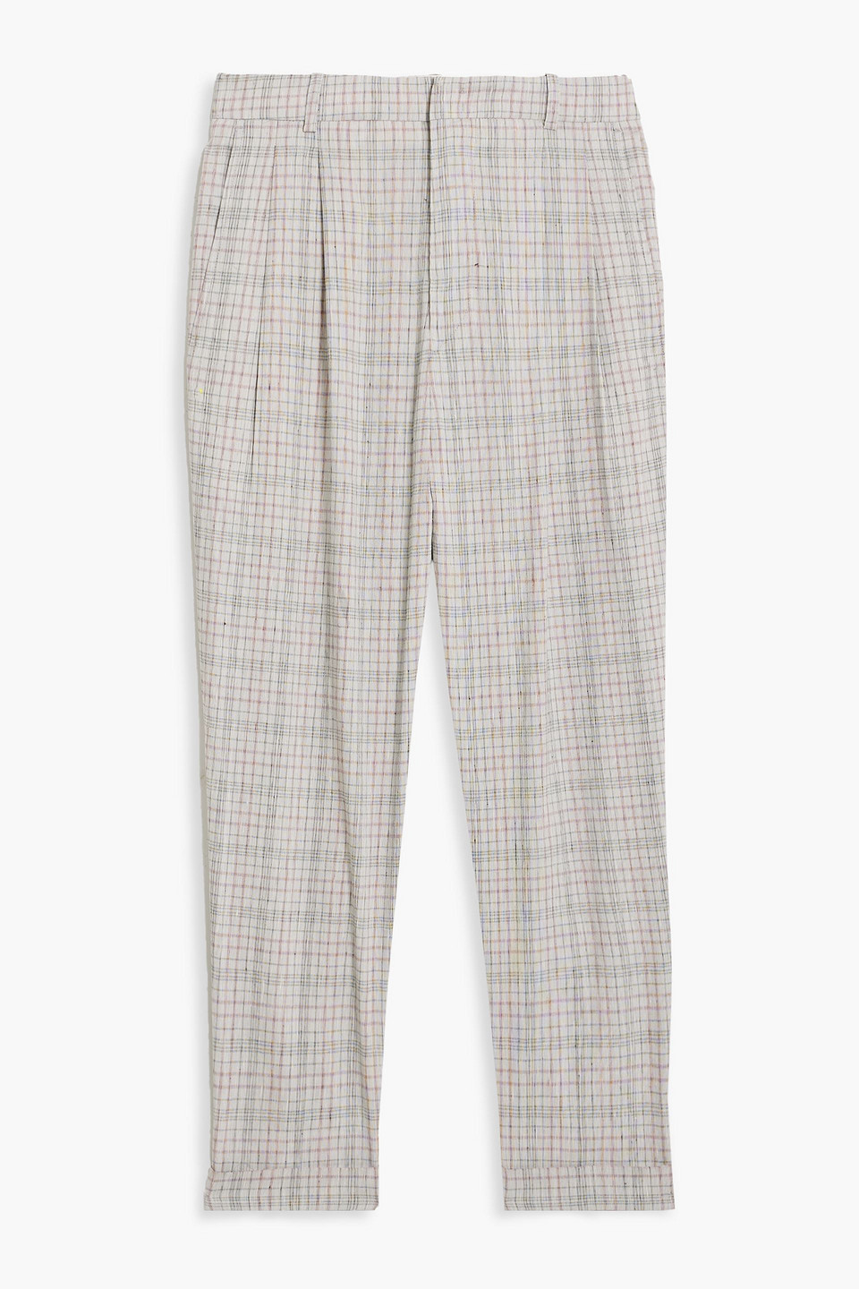 Shop Isabel Marant Étoile Lowea Pleated Checked Linen-blend Tapered Pants In Light Gray