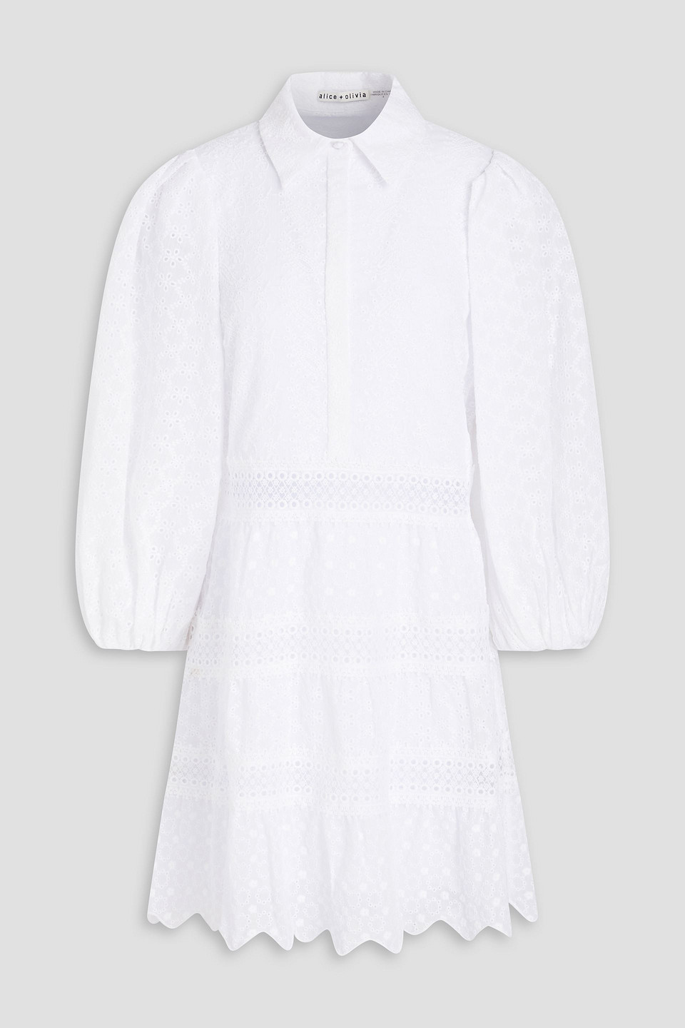 Alice And Olivia Guipure Lace-trimmed Broderie Anglaise Mini Shirt Dress In White