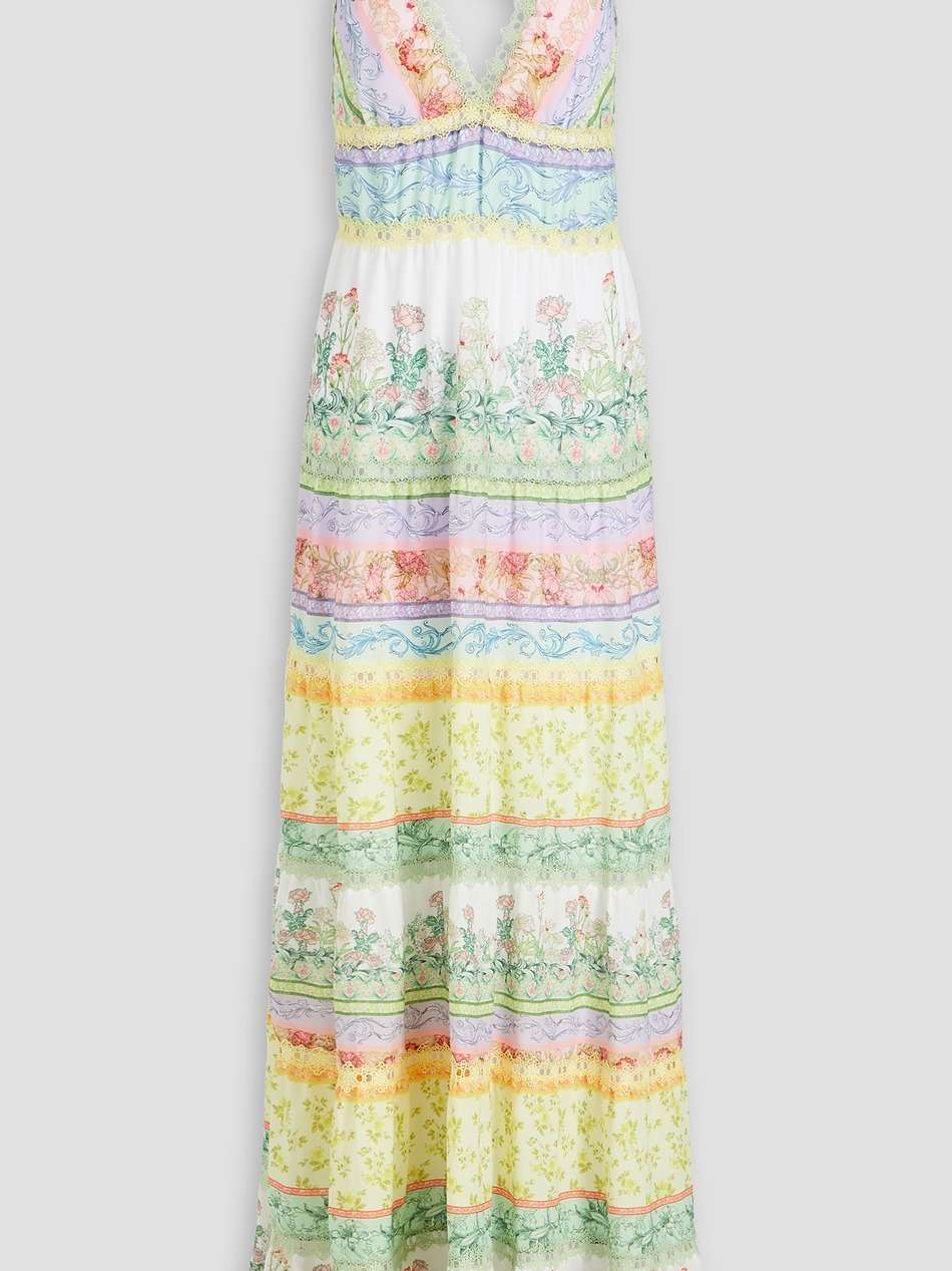 lace-trimmed floral-print crepe de chine maxi dress