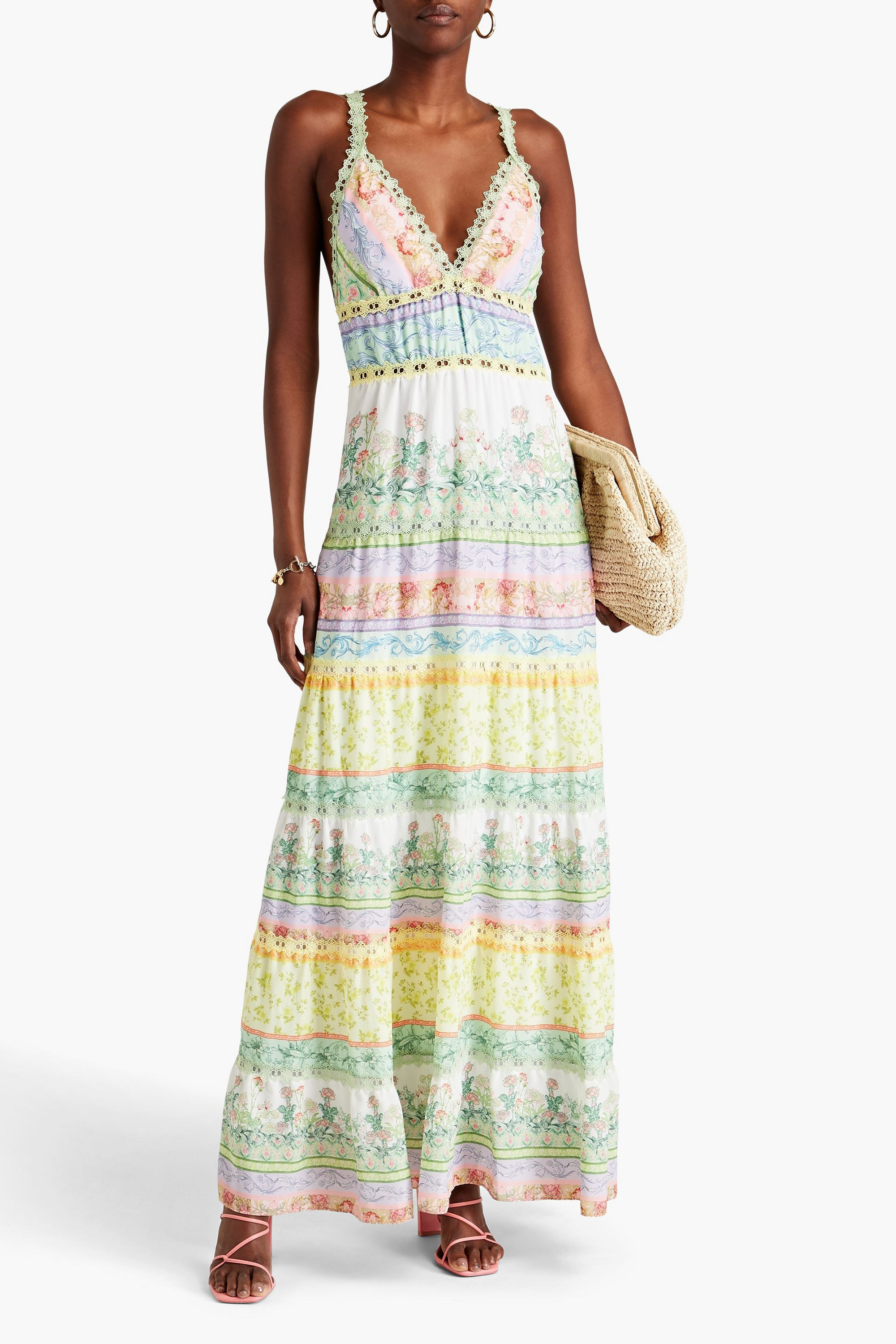 alice + olivia Lace-trimmed floral-print crepe de chine maxi dress