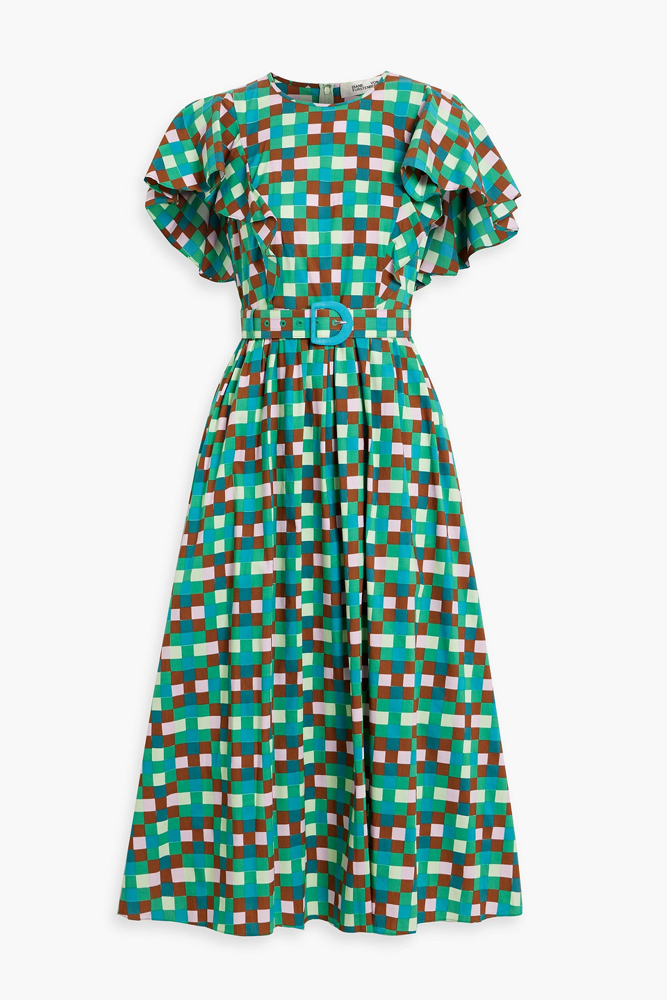 Diane Von Furstenberg Damon Belted Checked Cotton-blend Poplin Midi Dress In Jade