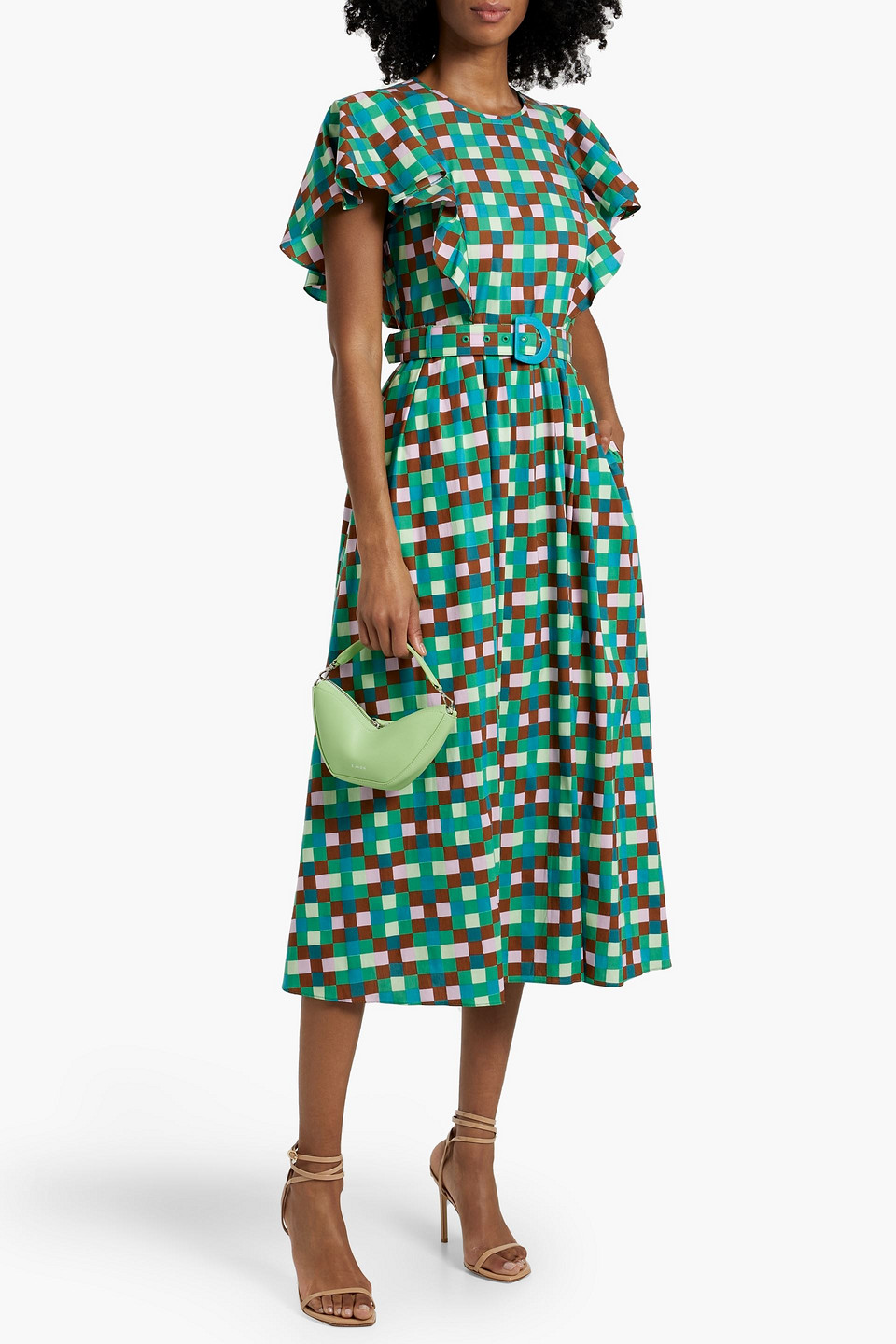 Diane Von Furstenberg Damon Belted Checked Cotton-blend Poplin Midi Dress In Jade