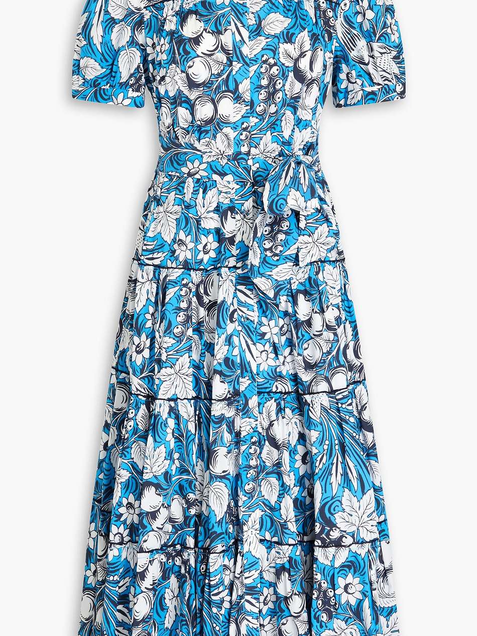 queena gathered floral-print cotton-blend poplin midi shirt dress
