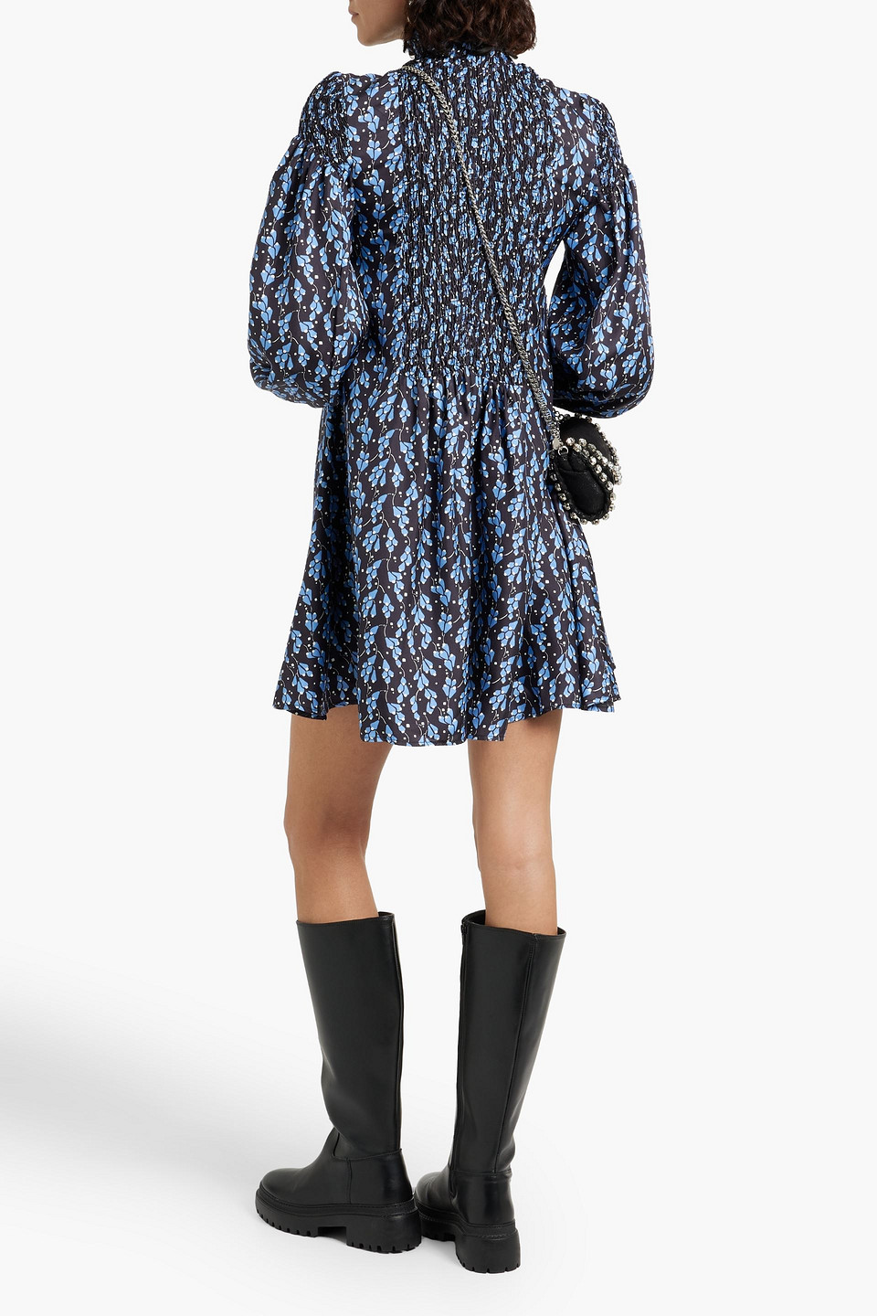 Shop Shrimps Jack Shirred Floral-print Silk-twill Turtleneck Mini Dress In Blue