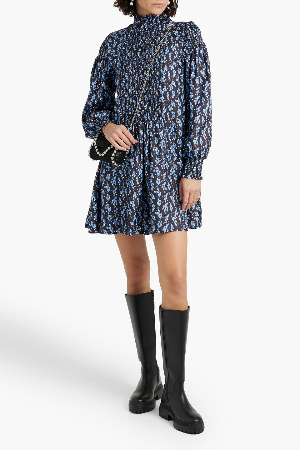 Shop Shrimps Jack Shirred Floral-print Silk-twill Turtleneck Mini Dress In Blue