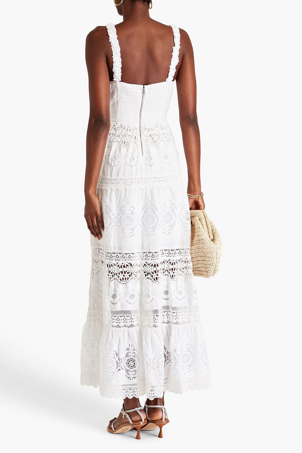 ALICE + OLIVIA リネン&コットン混 マキシワンピース かぎ針編みレースパネル