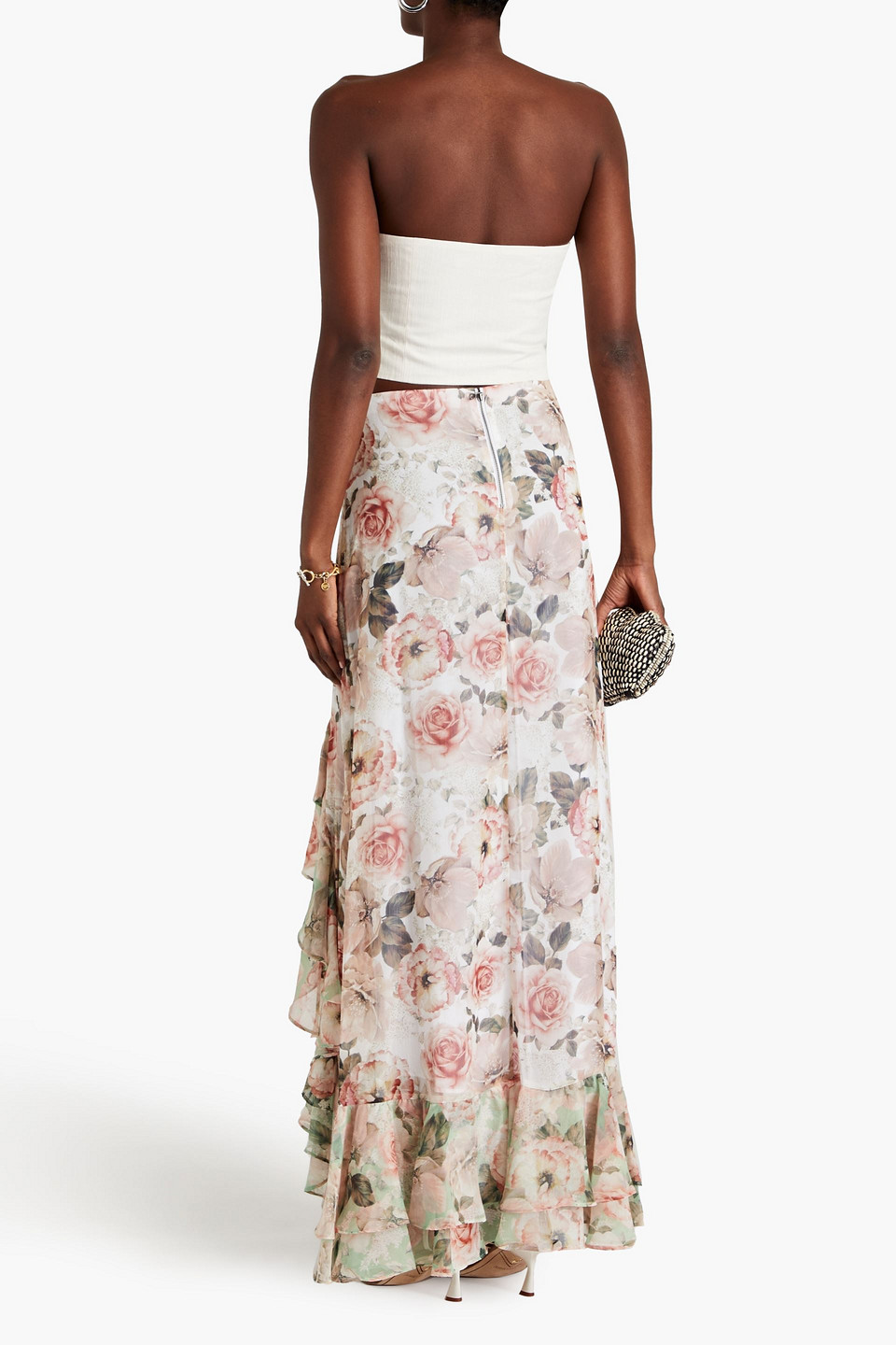 Shop Alice And Olivia Asymmetric Ruffled Floral-print Crepon Skirt In Blush