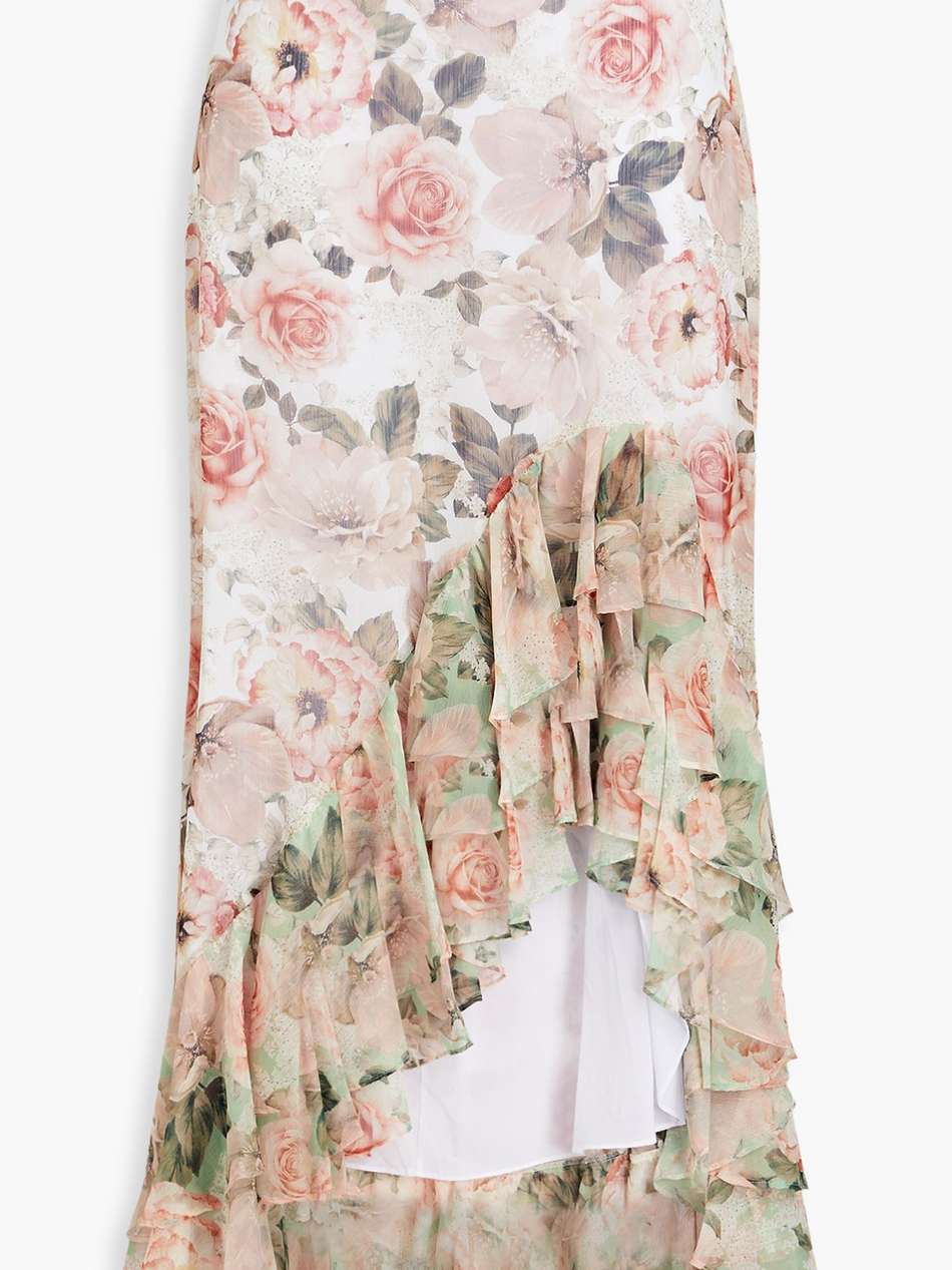 asymmetric ruffled floral-print crepon skirt