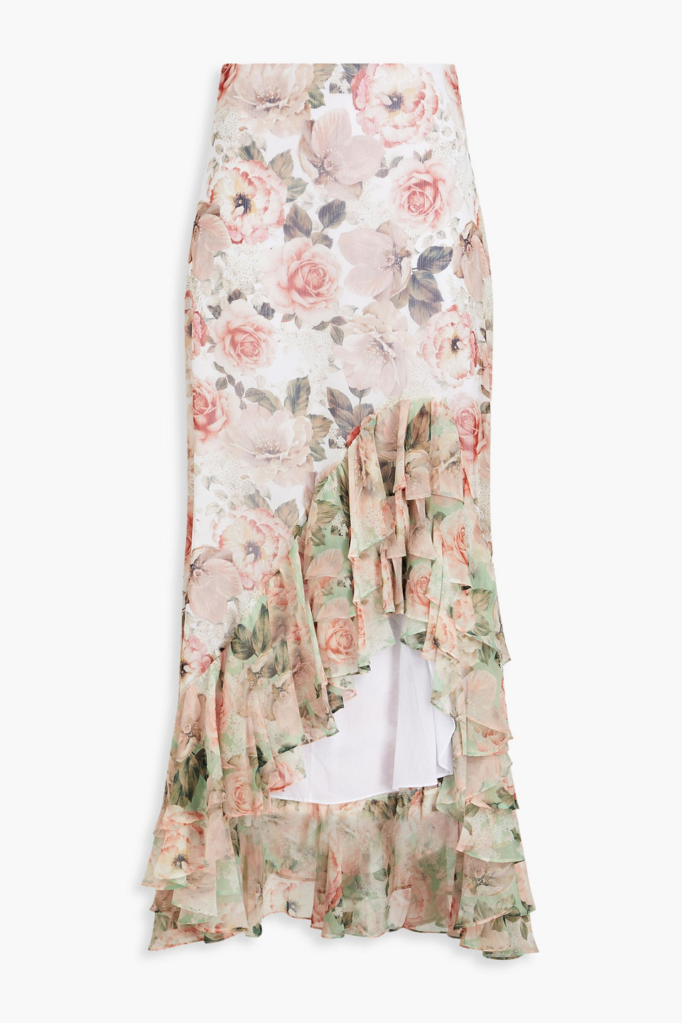 Alice And Olivia Asymmetric Ruffled Floral-print Crepon Skirt In Blush