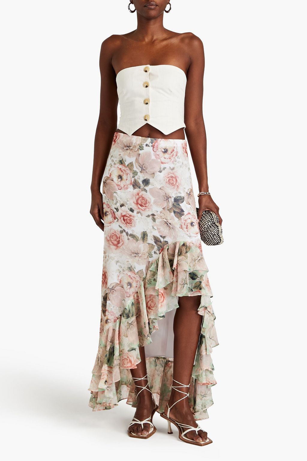 ALICE + OLIVIA تنورة مصنوعة من الكريبون بقصّة غير متماثلة مزينة بكشاكش وبطبعة الأزهار