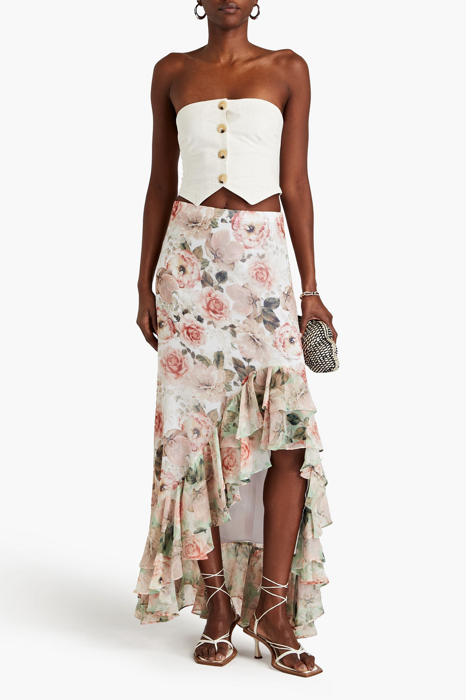 Shop Alice And Olivia Asymmetric Ruffled Floral-print Crepon Skirt In Blush