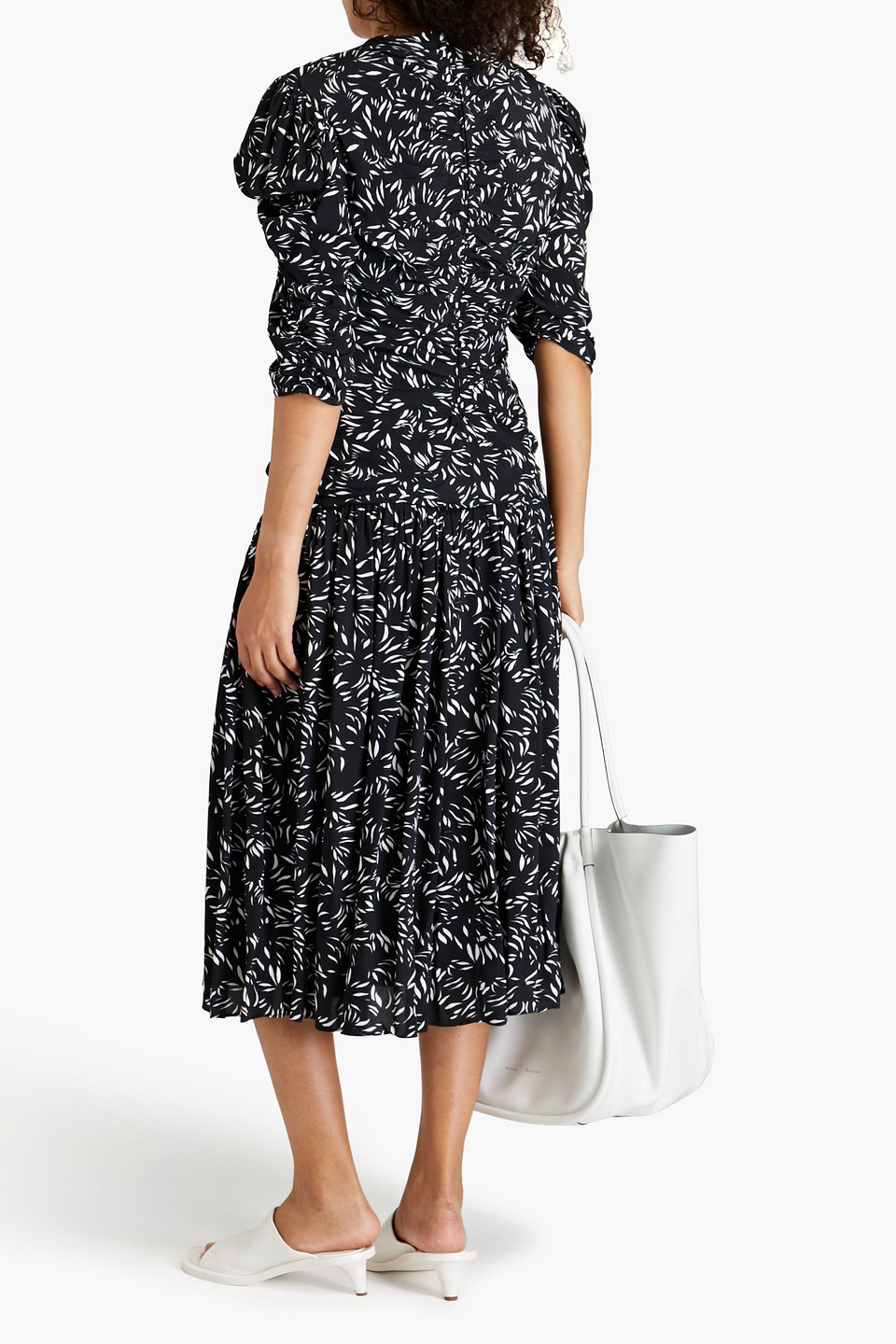 Shop Proenza Schouler Ruched Printed Crepe Midi Dress In Black