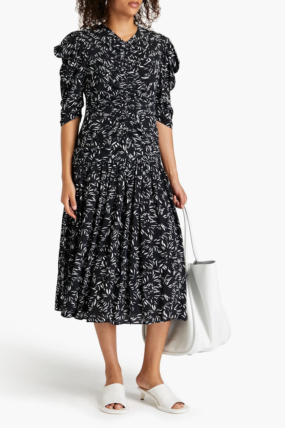 Shop Proenza Schouler Ruched Printed Crepe Midi Dress In Black