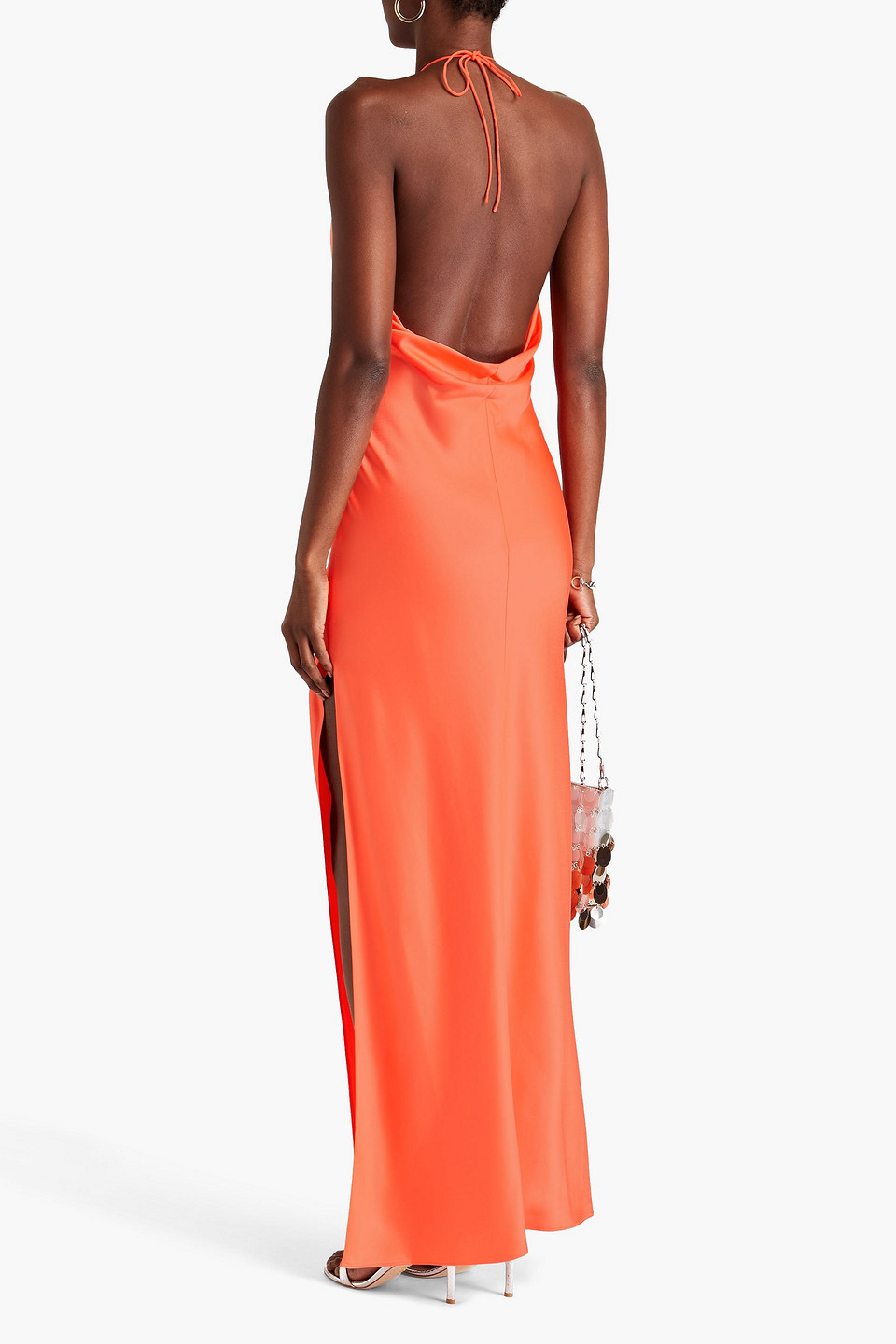 Shop Alice And Olivia Zumi Draped Satin Halterneck Gown In Bright Orange