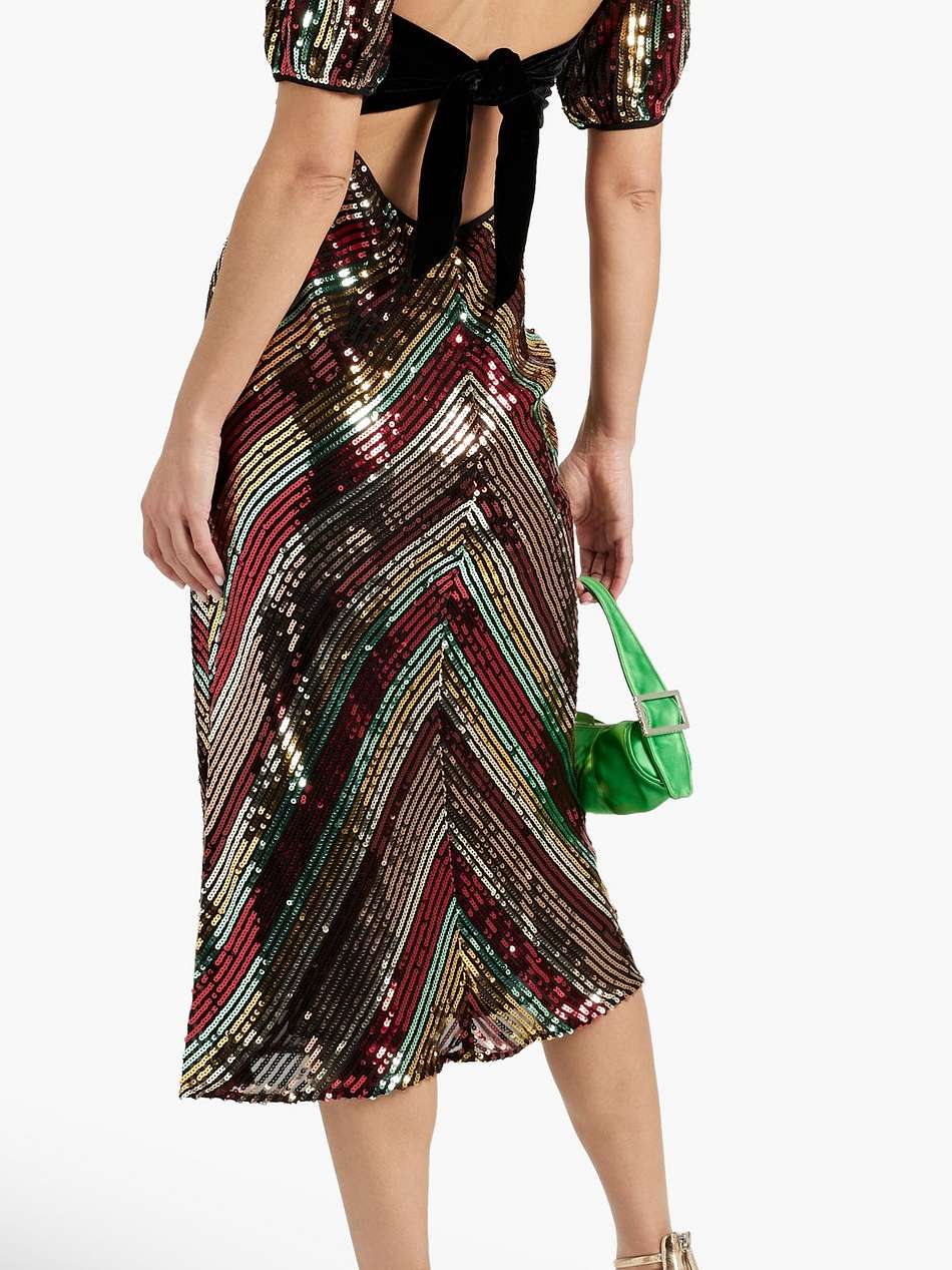 velvet-trimmed sequined crepe de chine midi dress