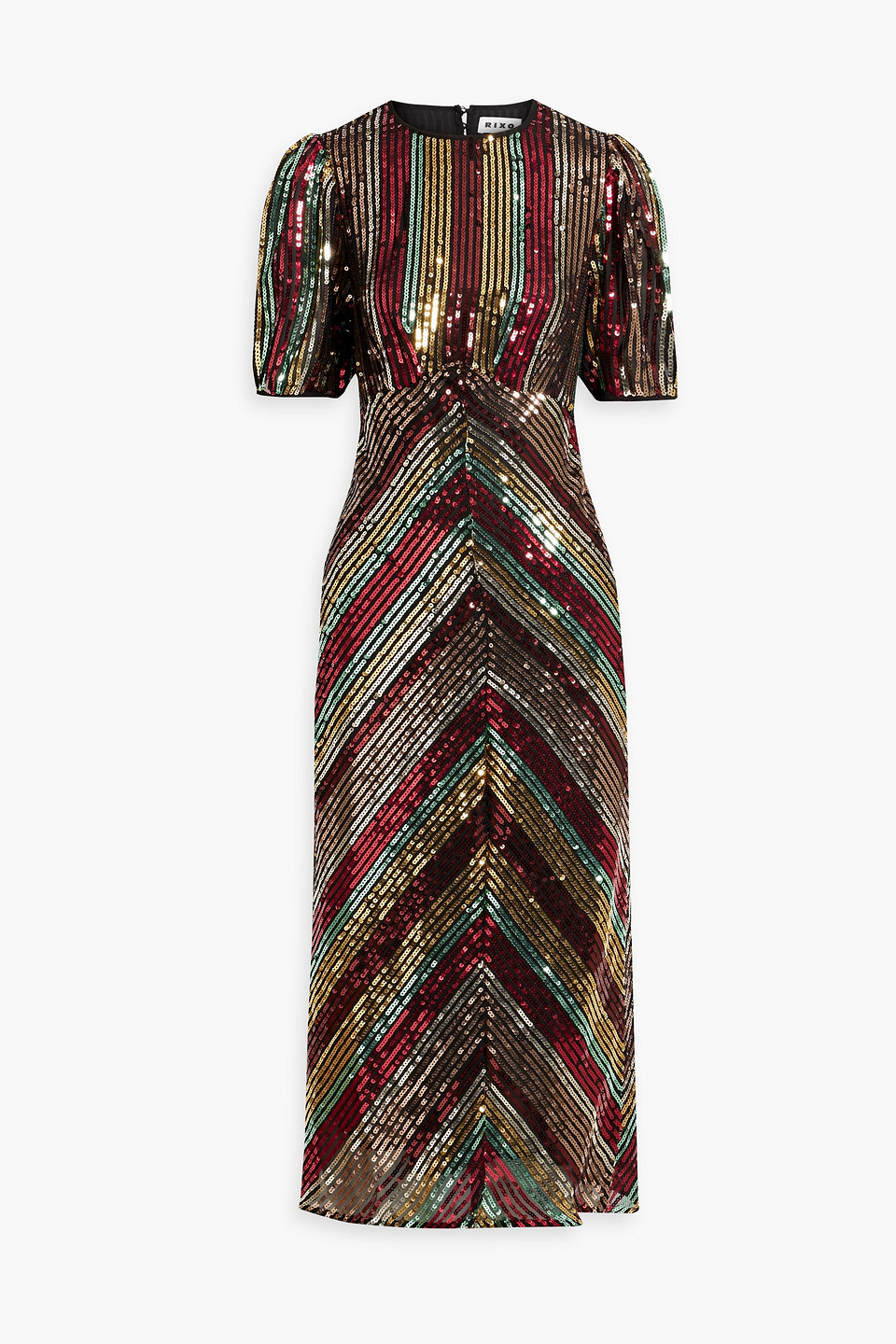 Rixo London Velvet-trimmed Sequined Crepe De Chine Midi Dress In Red