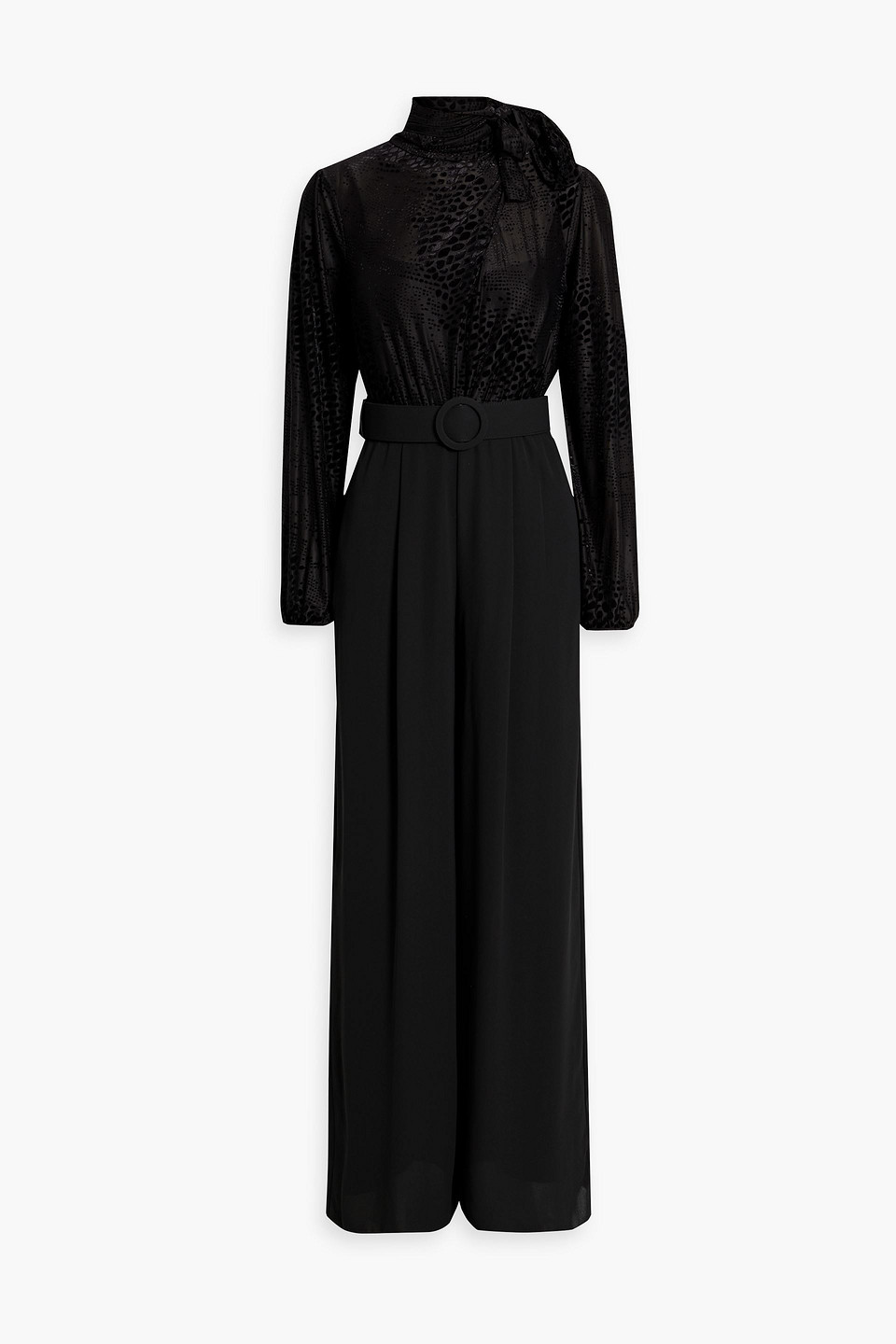 Mikael Aghal - Belted devoré-velvet and crepe wide-leg jumpsuit - Black - US 2