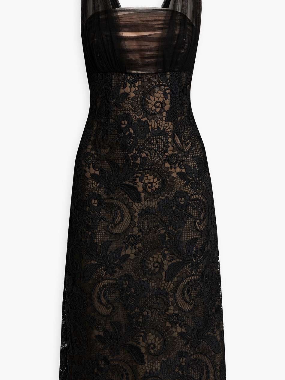 tulle-paneled corded lace midi dress