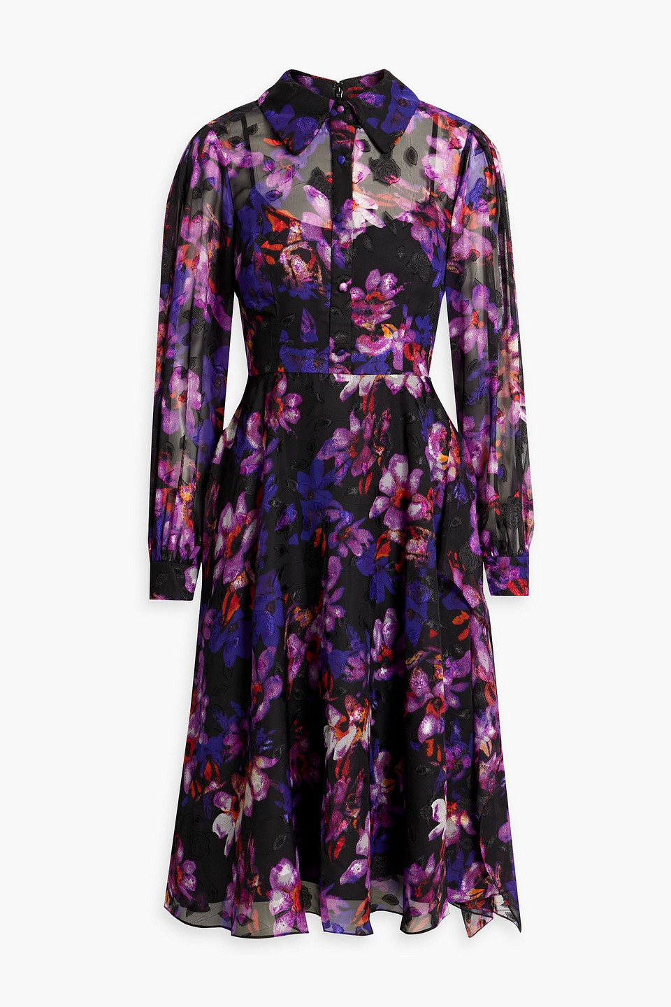 Mikael Aghal Draped Floral-print Fil Coupé Chiffon Shirt Dress In Purple