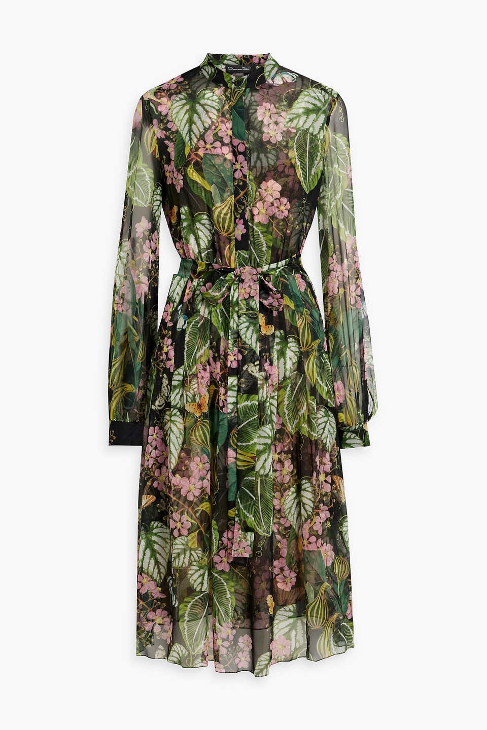 Oscar De La Renta Pleated Printed Silk-chiffon Midi Dress In Green