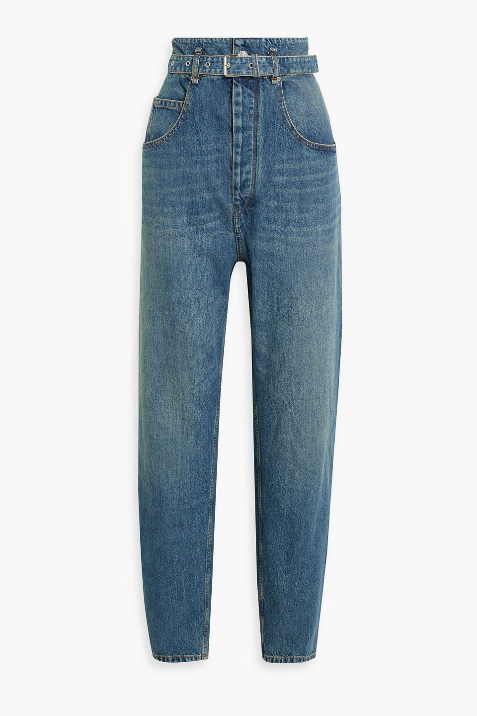 Isabel Marant Étoile Belted Faded High-rise Tapered Jeans In Mid Denim