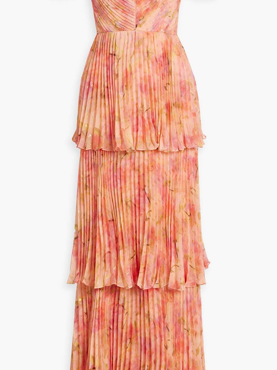 cold-shoulder printed plissé metallic fil coupé chiffon gown