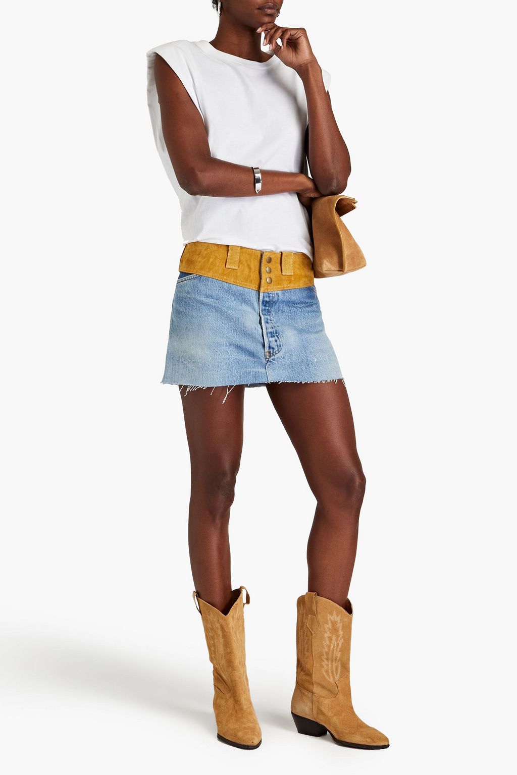 RE/DONE WITH LEVI'S Suede-paneled denim mini skirt