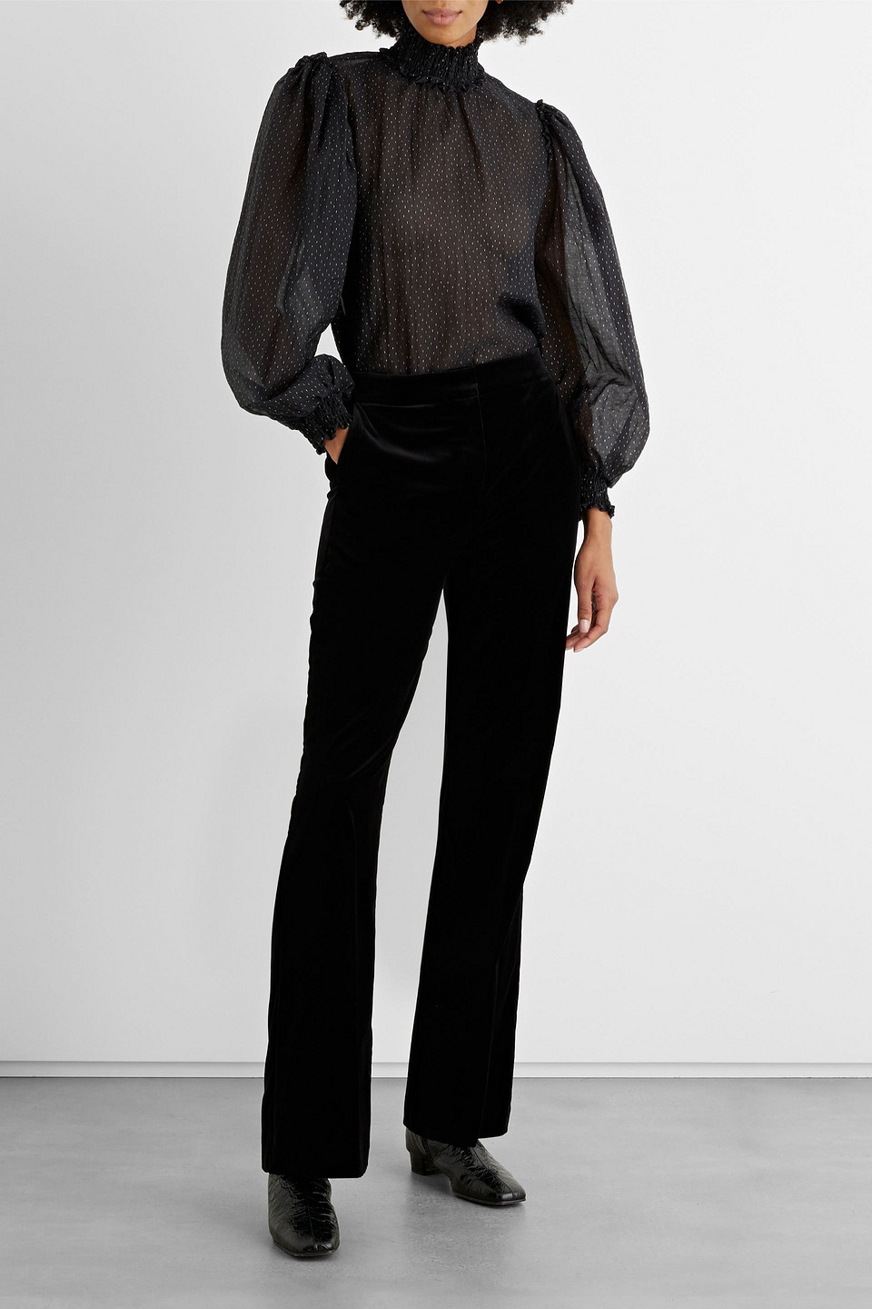 Shop Iris & Ink Felicity Cotton-blend Velvet Flared Pants In Black